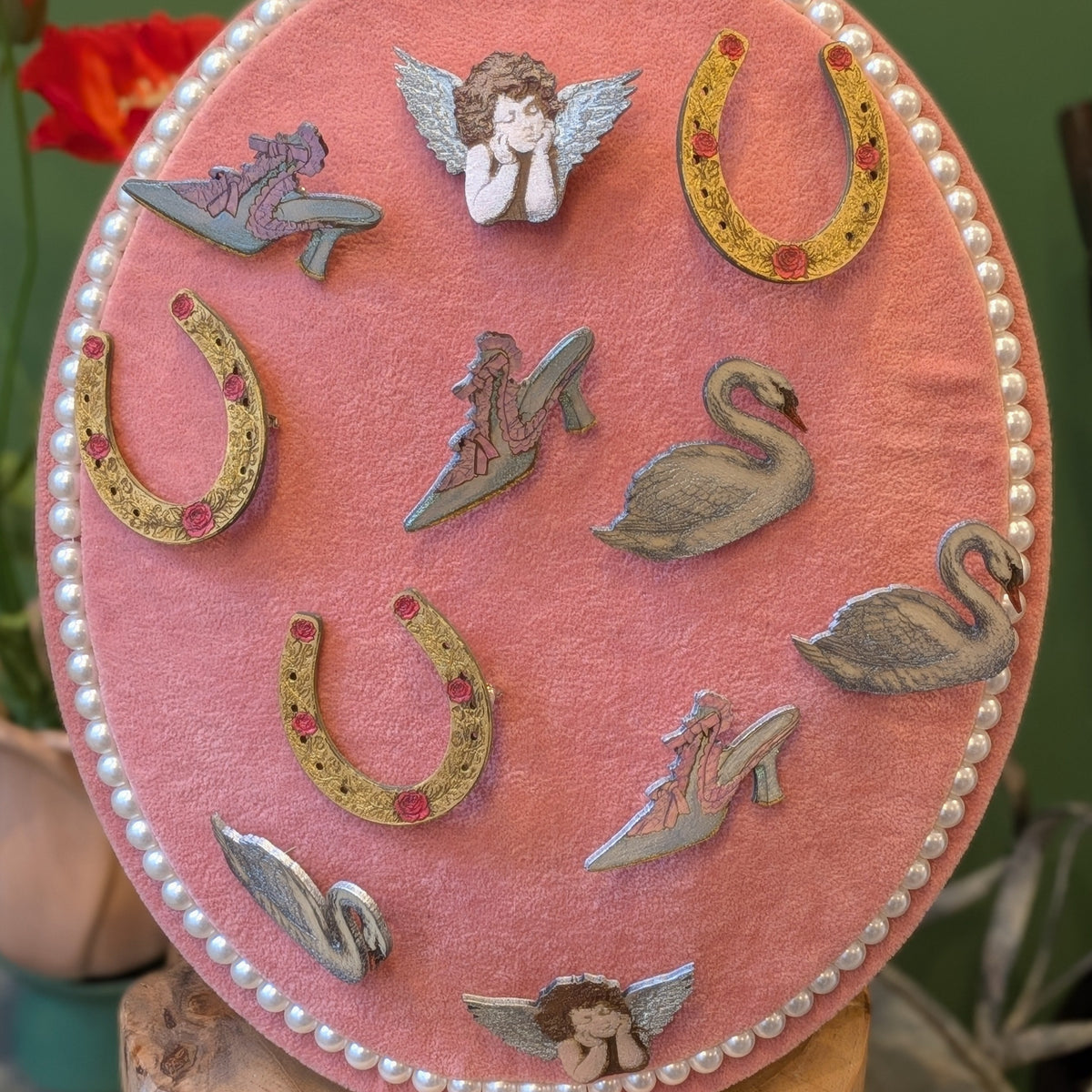 Shimmering Metallics, Engraved Wood Cherub Brooch