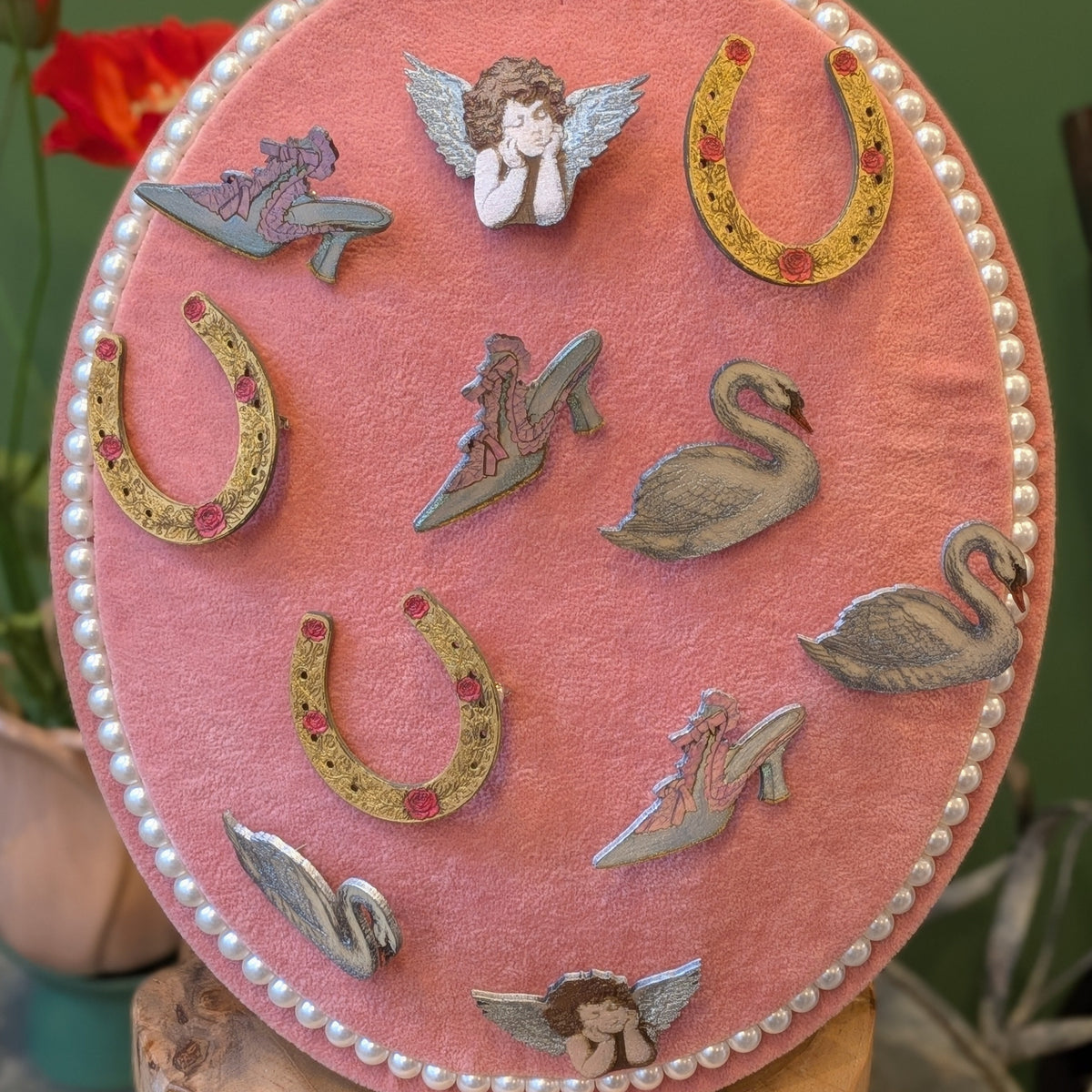 Shimmering Metallics, Engraved Wood, Marie Antoinette Shoe Brooch