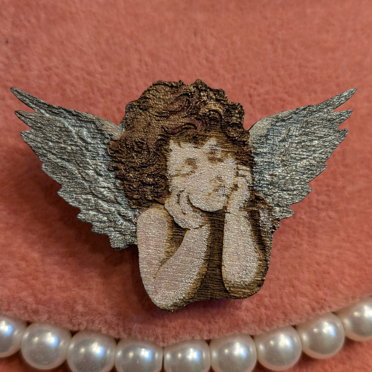 Shimmering Metallics, Engraved Wood Cherub Brooch