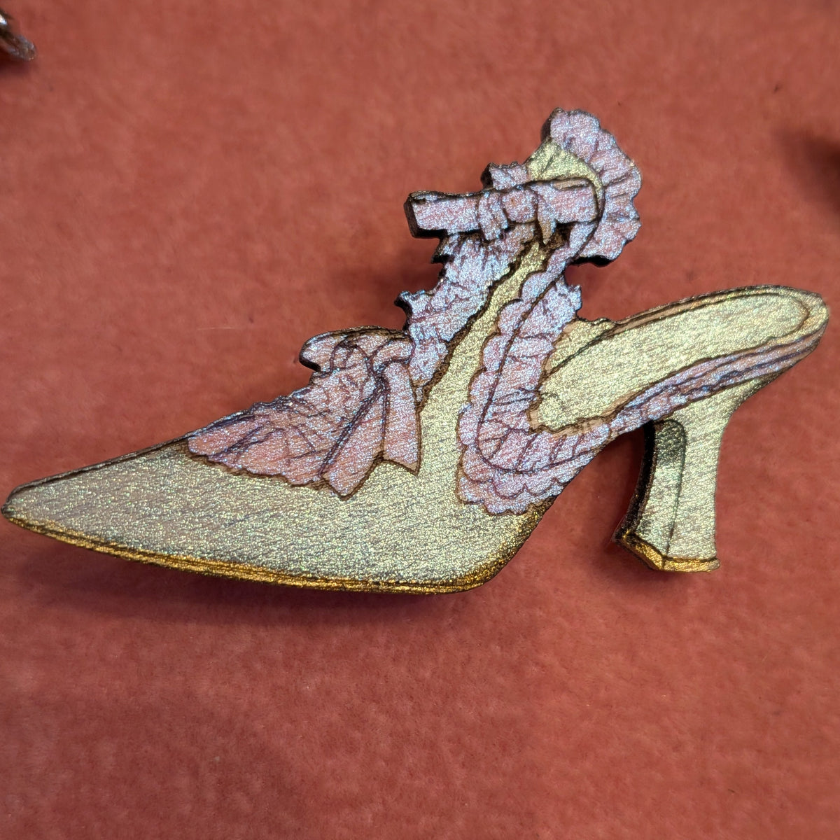 Shimmering Metallics, Engraved Wood, Marie Antoinette Shoe Brooch