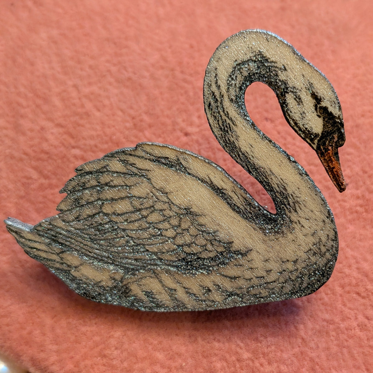 Shimmering Metallics, Engraved Wood, Swan Brooch