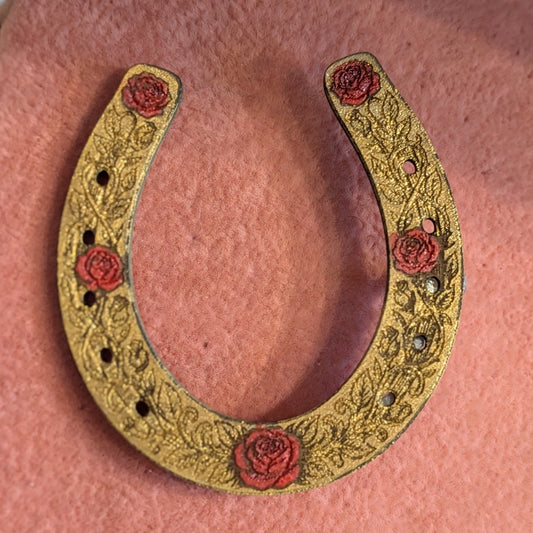 Shimmering Metallics, Engraved Wood Horseshoe Brooch