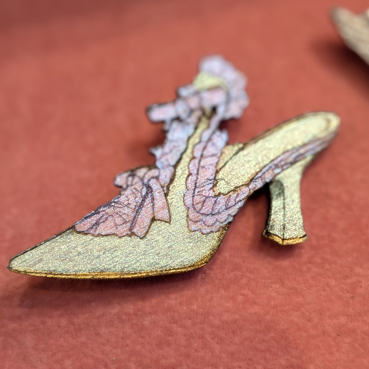 Shimmering Metallics, Engraved Wood, Marie Antoinette Shoe Brooch