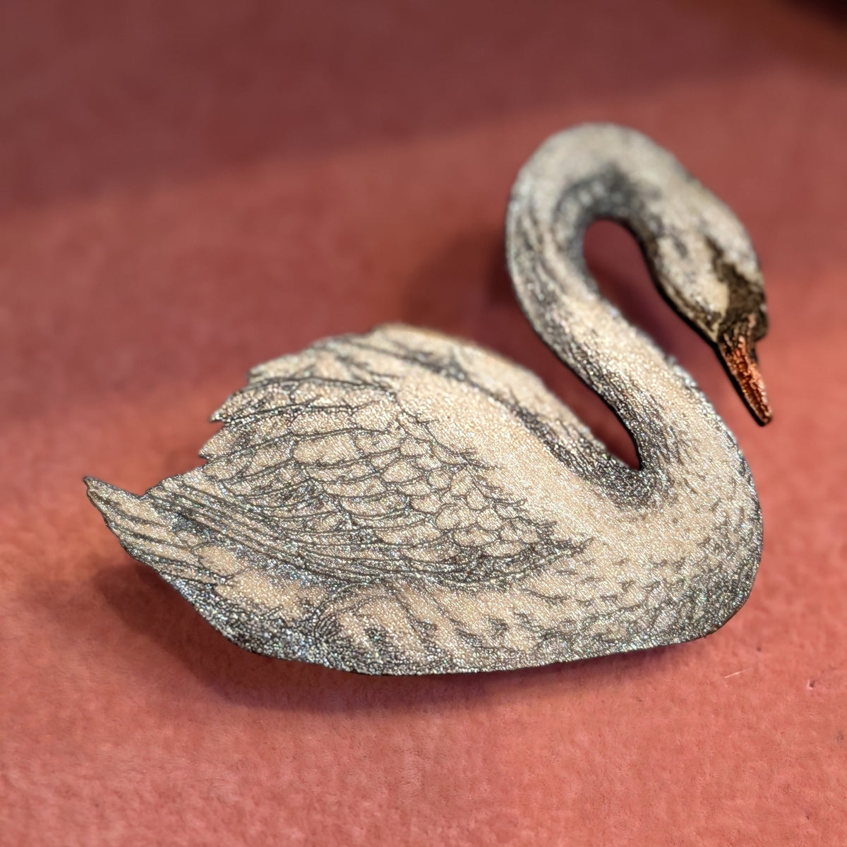 Shimmering Metallics, Engraved Wood, Swan Brooch