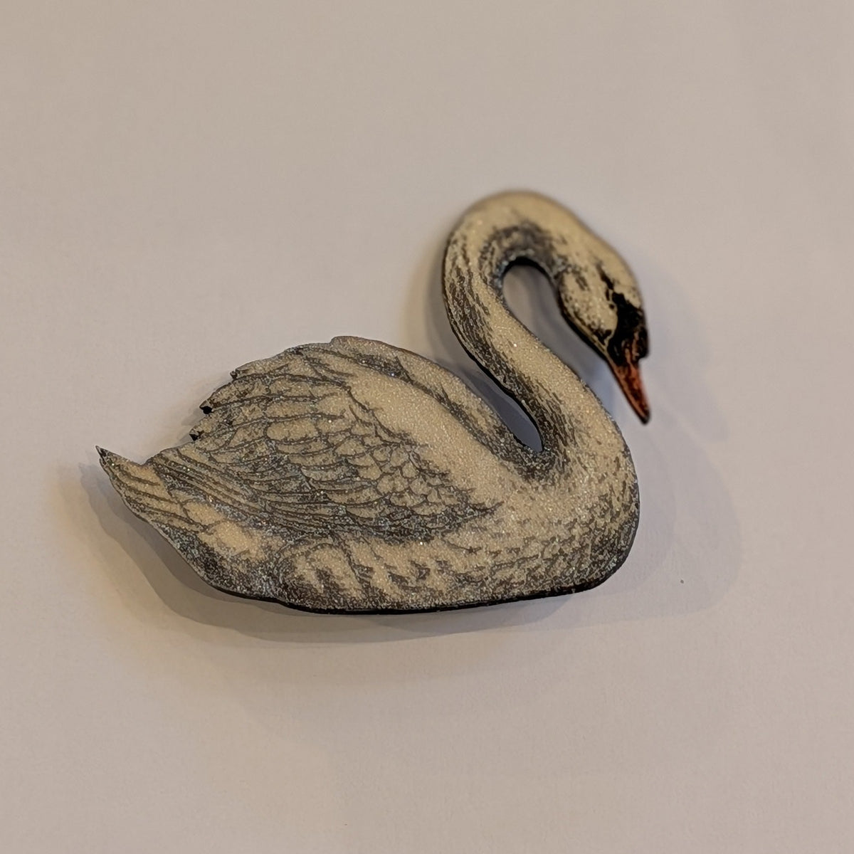 Shimmering Metallics, Engraved Wood, Swan Brooch