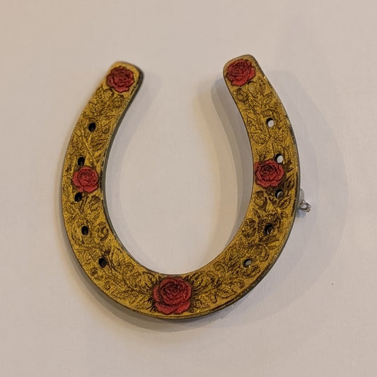 Shimmering Metallics, Engraved Wood Horseshoe Brooch