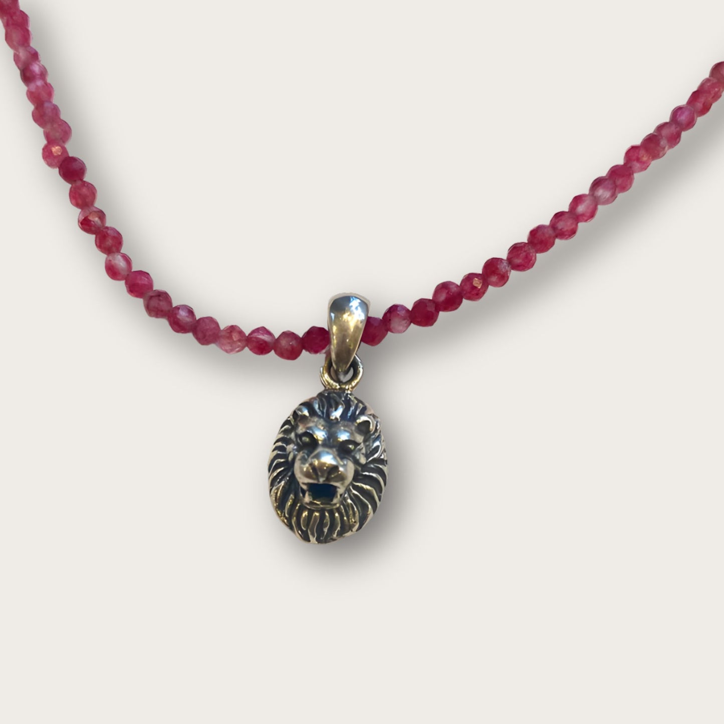Ruby Gemstone Crystal Necklace with Sterling Silver Lion Head Pendant Charm