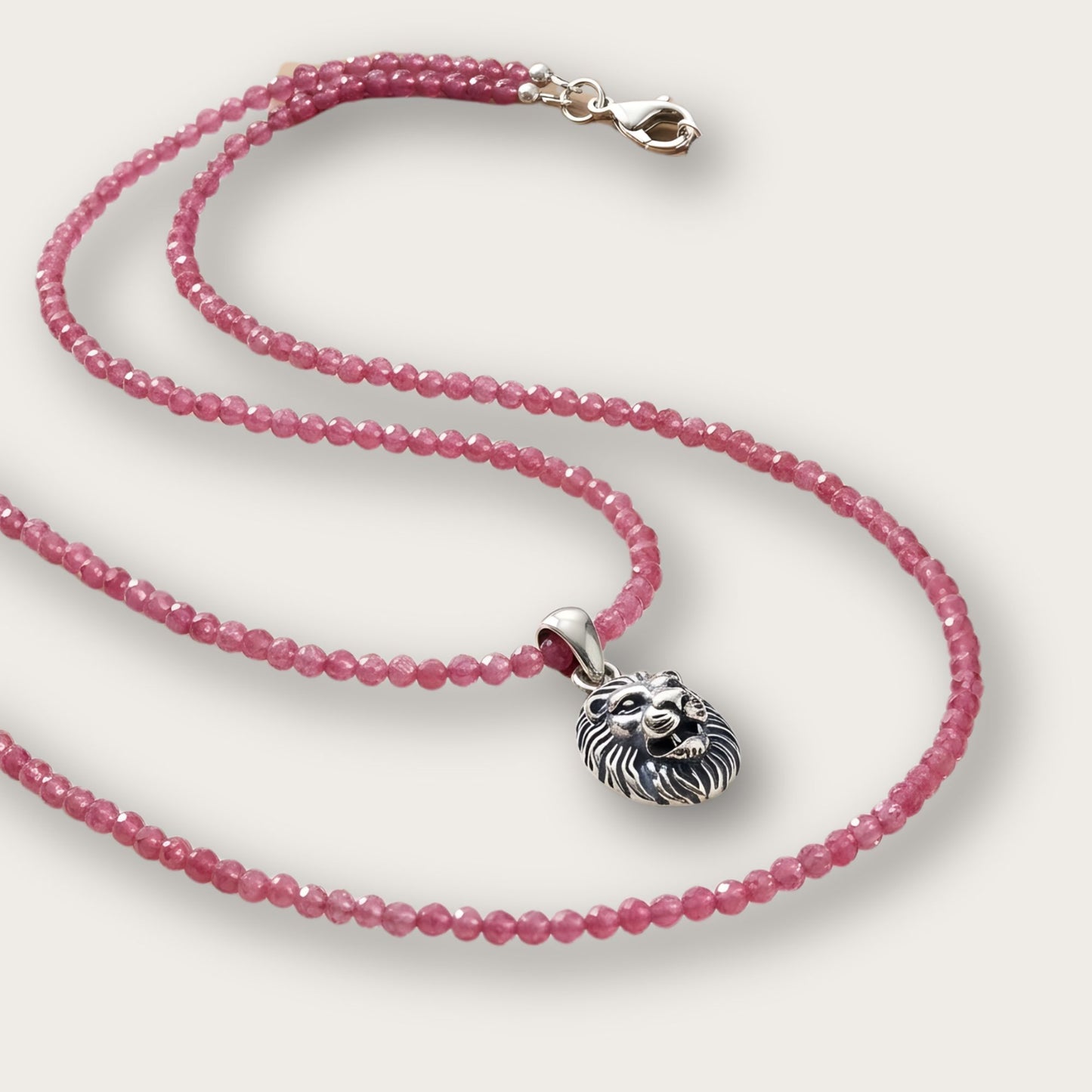 Ruby Gemstone Crystal Necklace with Sterling Silver Lion Head Pendant Charm