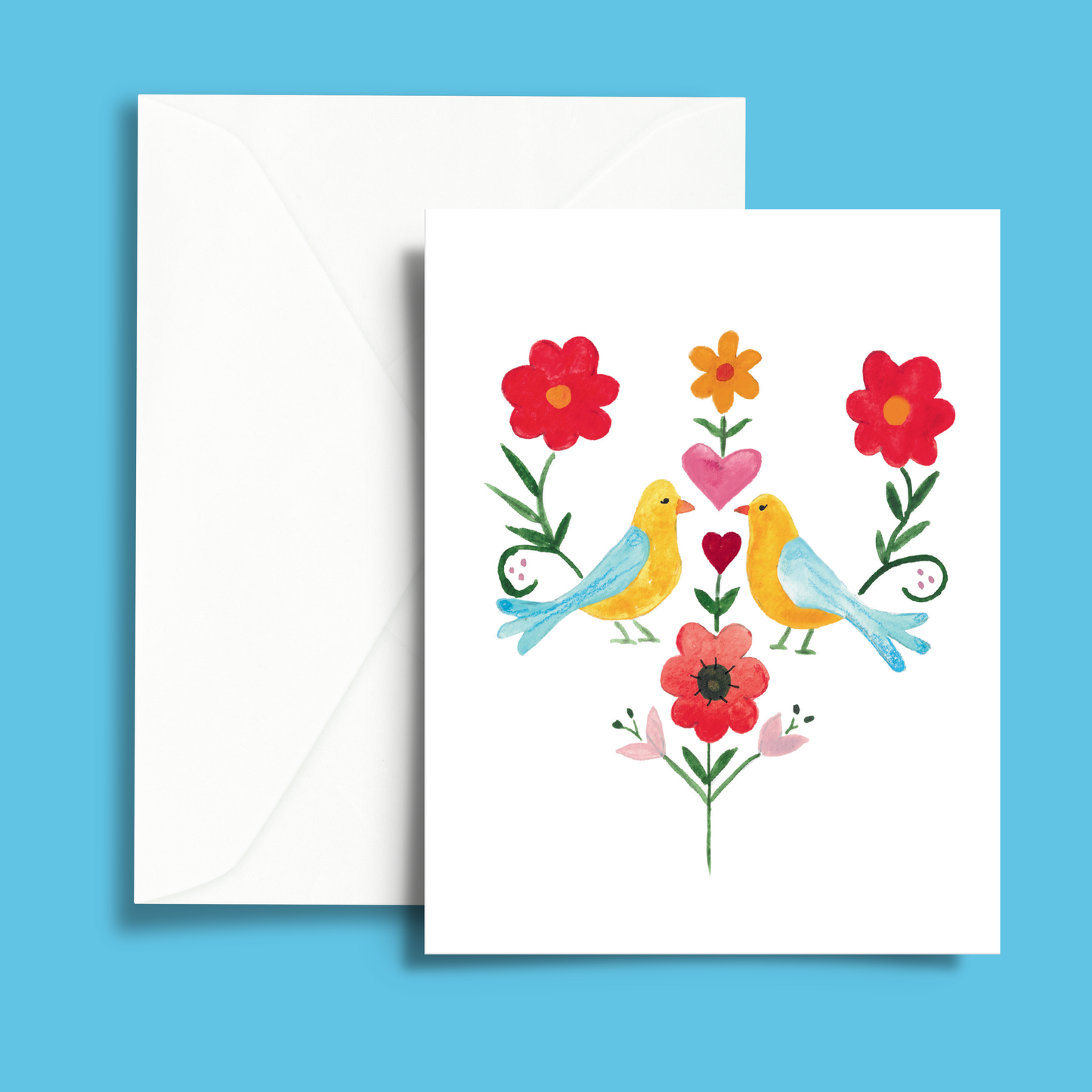 Vintage Folk Art Love Birds Blank Greeting Card