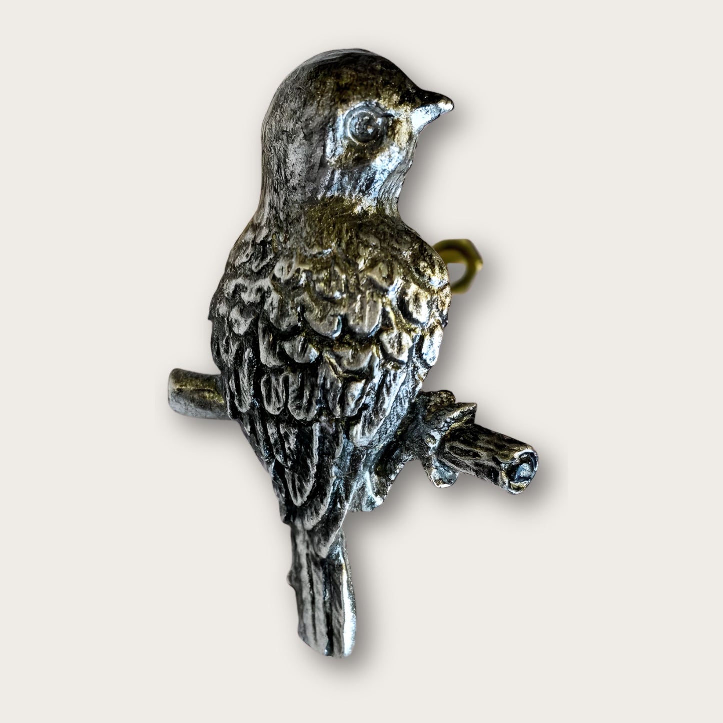 Silver Toned Bird Perched on Branch Drawer Knob
