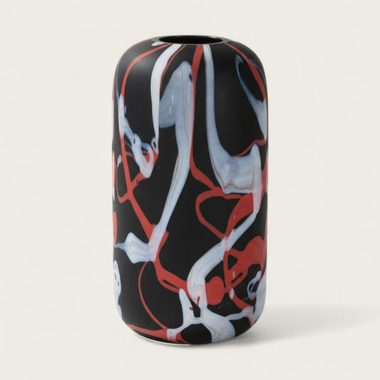 Black Glass Vase with Red and White Paint Lines