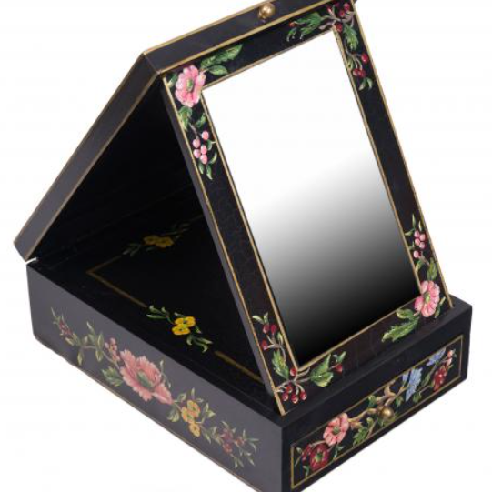 Toleware Style Black Lyre Bird Design Vanity Mirror with Storage