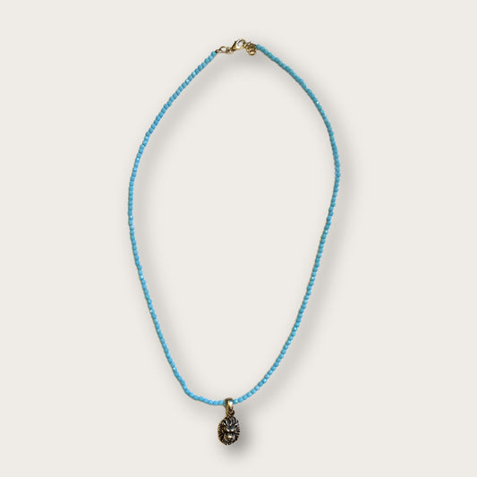 Turquoise Beaded Crystal Gemstone Necklace with Sterling Silver Lion Head Pendant Charm
