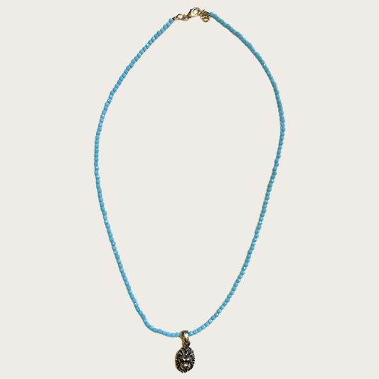 Turquoise Beaded Crystal Gemstone Necklace with Sterling Silver Lion Head Pendant Charm