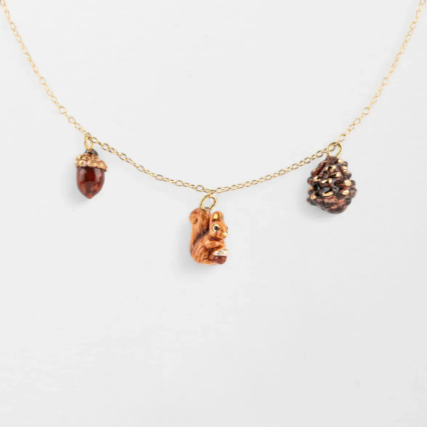 Nach Squirrel, Acorn and Pine Cone Porcelain Necklace, Handmade, Hand Painted