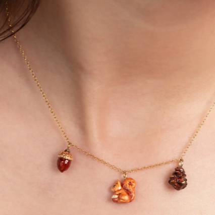 Nach Squirrel, Acorn and Pine Cone Porcelain Necklace, Handmade, Hand Painted