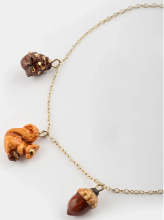 Nach Squirrel, Acorn and Pine Cone Porcelain Necklace, Handmade, Hand Painted