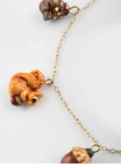 Nach Squirrel, Acorn and Pine Cone Porcelain Necklace, Handmade, Hand Painted