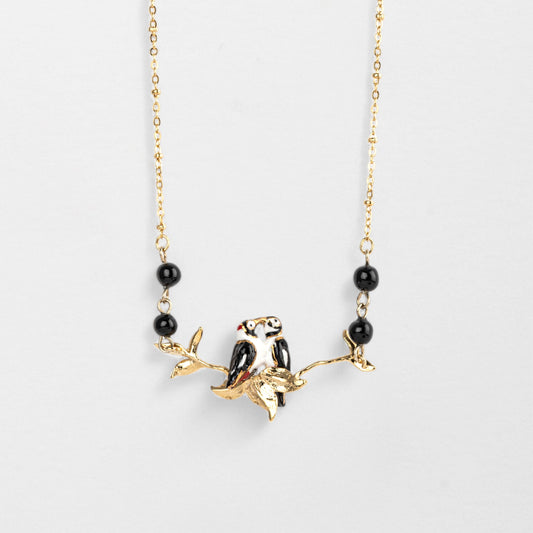 Nach Loving Yellow-Bellied Sapsucker Birds on a Branch Porcelain Necklace, Handmade and Hand Painted