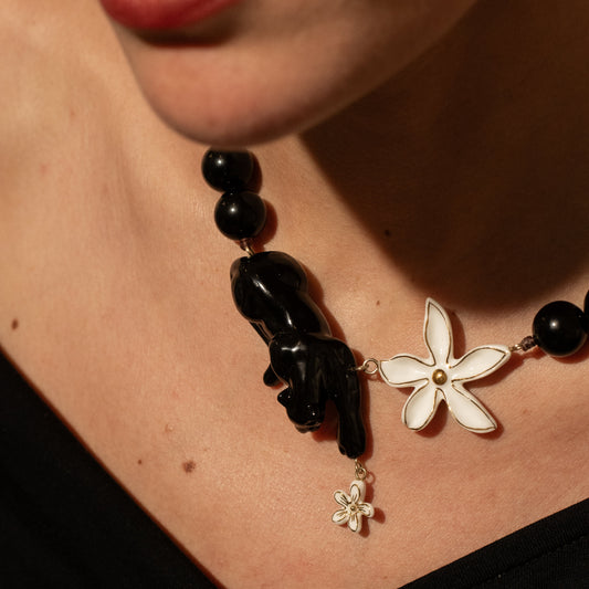 Nach Lying Black Panther & Flowers Beads Porcelain Necklace, Handmade, Hand Painted