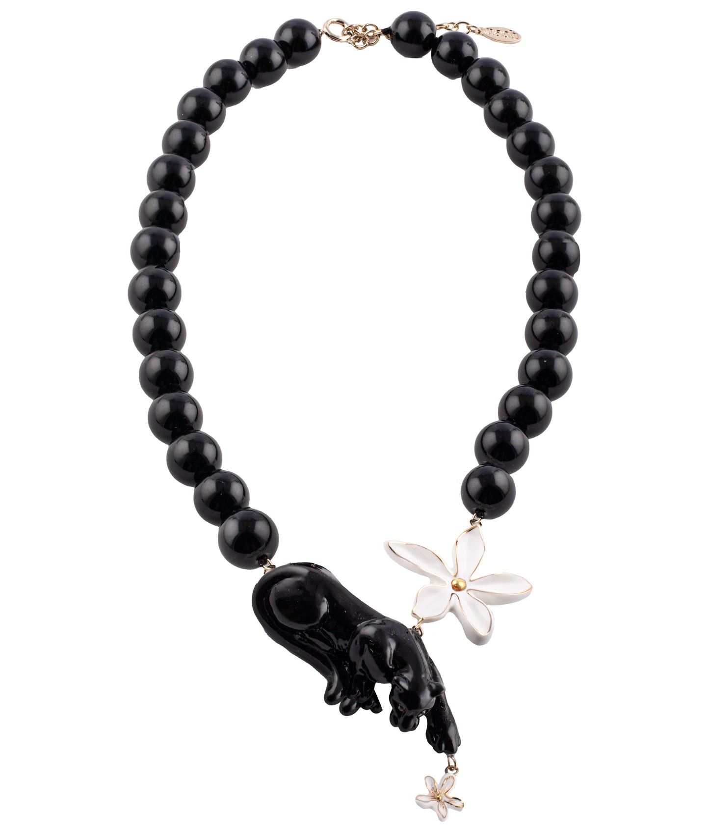Nach Lying Black Panther & Flowers Beads Porcelain Necklace, Handmade, Hand Painted