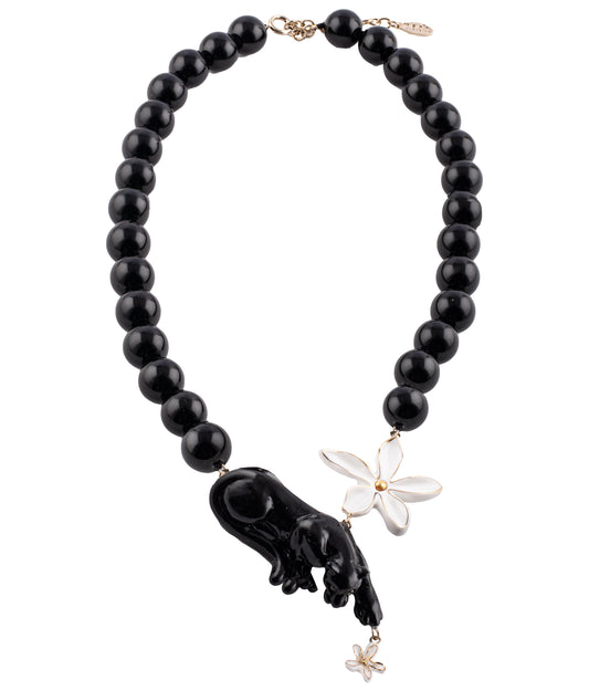 Nach Lying Black Panther & Flowers Beads Porcelain Necklace, Handmade, Hand Painted