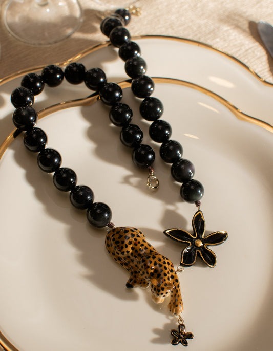 Nach Lying Leopard, Flowers and Pearl Necklace, Handmade, Hand Painted