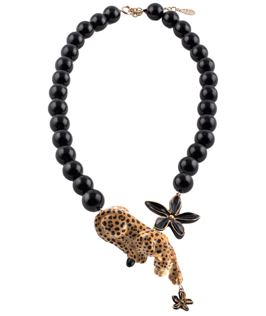 Nach Lying Leopard, Flowers and Pearl Necklace, Handmade, Hand Painted