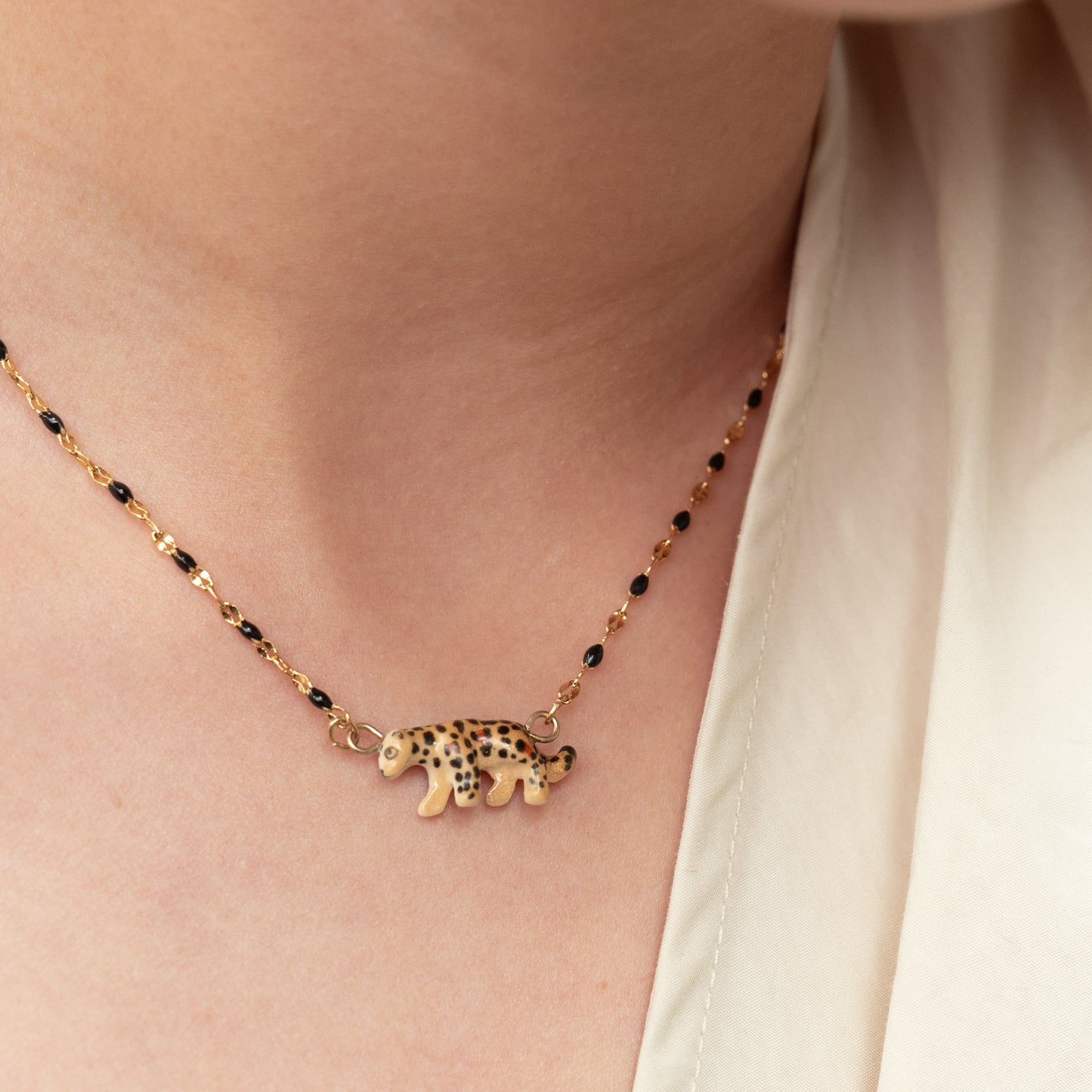 Nach Porcelain Walking Leopard with Black Beads and Pearls Necklace, Handmade, Hand Painted