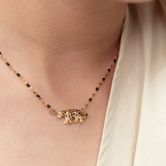 Nach Porcelain Walking Leopard with Black Beads and Pearls Necklace, Handmade, Hand Painted