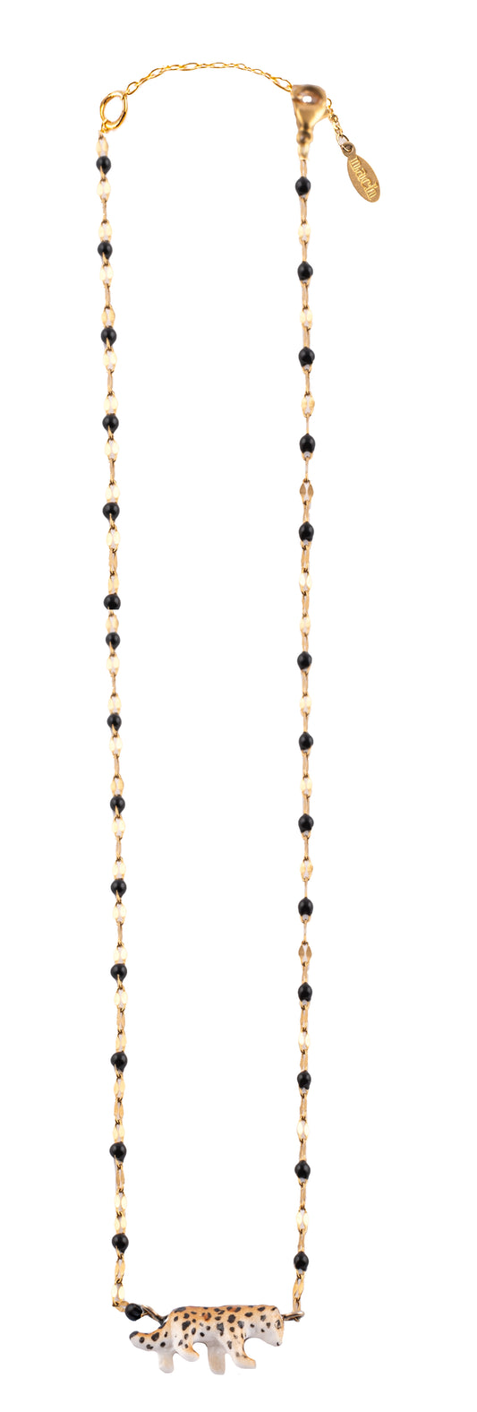 Nach Porcelain Walking Leopard with Black Beads and Pearls Necklace, Handmade, Hand Painted