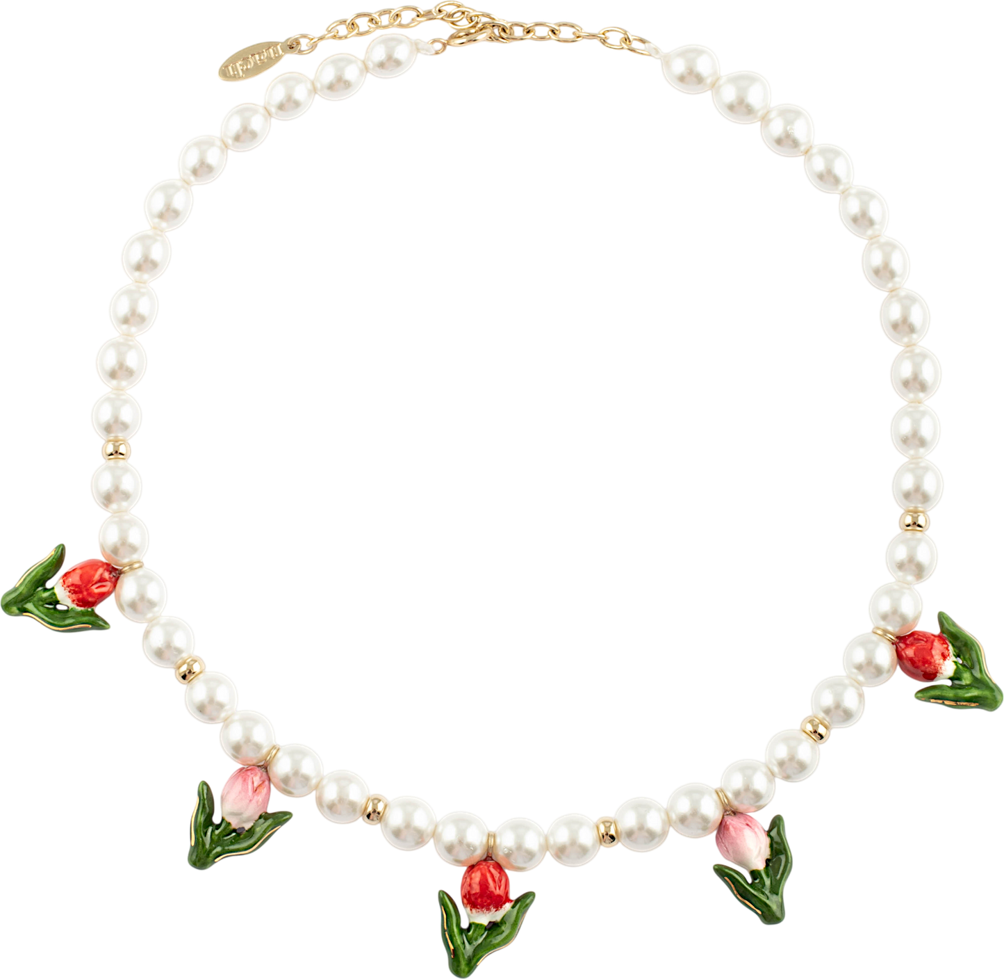 Nach Porcelain Tulip with White Pearls Necklace, Handmade, Hand Painted