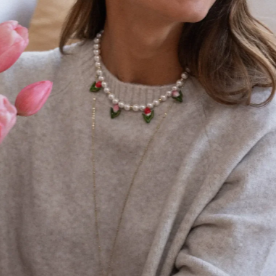 Nach Porcelain Tulip with White Pearls Necklace, Handmade, Hand Painted