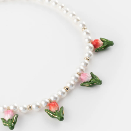 Nach Porcelain Tulip with White Pearls Necklace, Handmade, Hand Painted