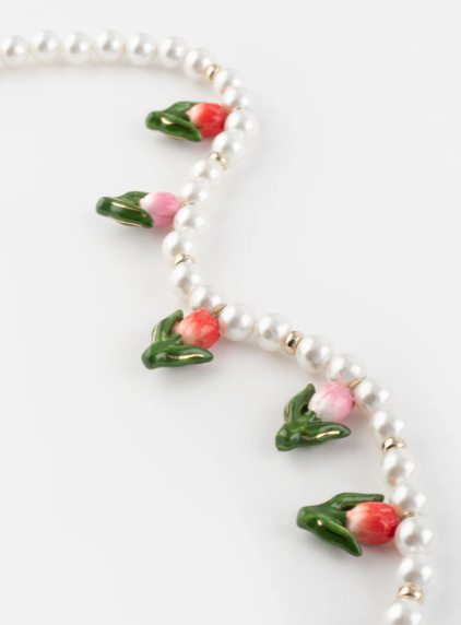 Nach Porcelain Tulip with White Pearls Necklace, Handmade, Hand Painted