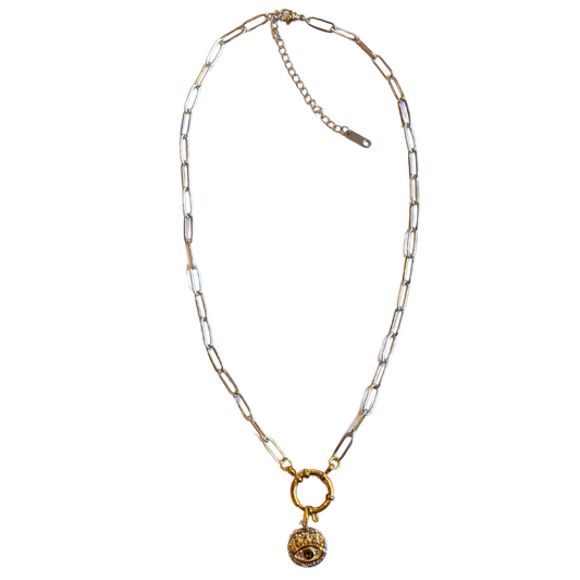 Silver Evil Eye Pendant Necklace, Paperclip Chain, 18ct Gold-Plated