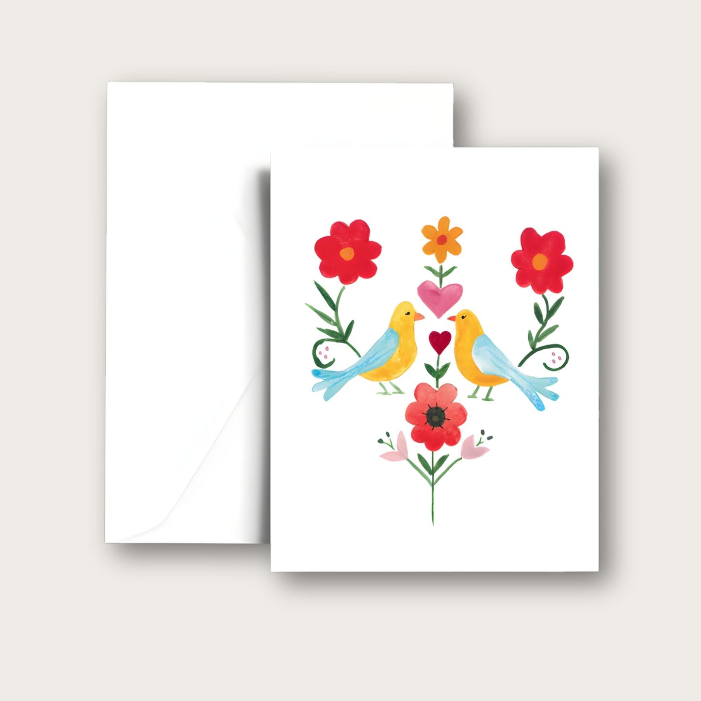 Vintage Folk Art Love Birds Blank Greeting Card