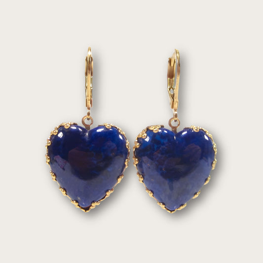 Vintage Heart Dangle Earrings, Royal Blue Lapis Glass - 60s style