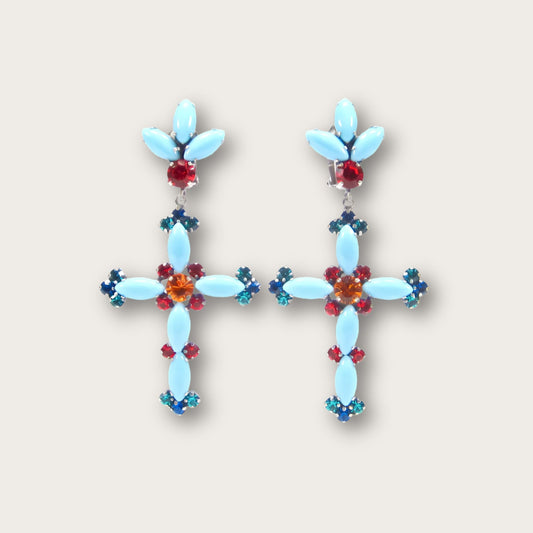 Vintage Large Swarovski® Crystals Statement Cross Clip-On Earrings, 1970s Style