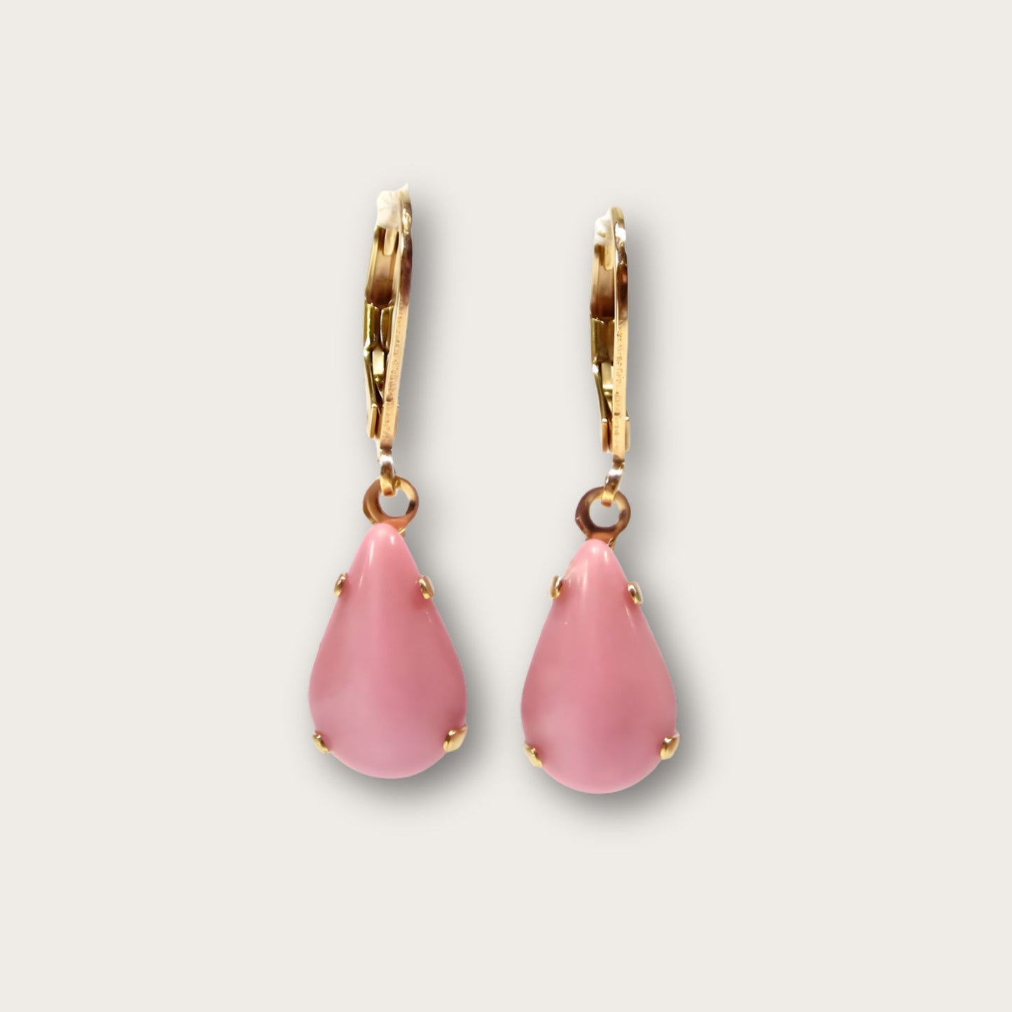Vintage Pink Glass, Gold Plated Drop Earrings, 1960s Style