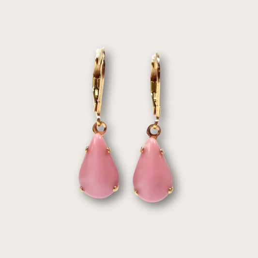 Vintage Pink Glass, Gold Plated Drop Earrings, 1960s Style