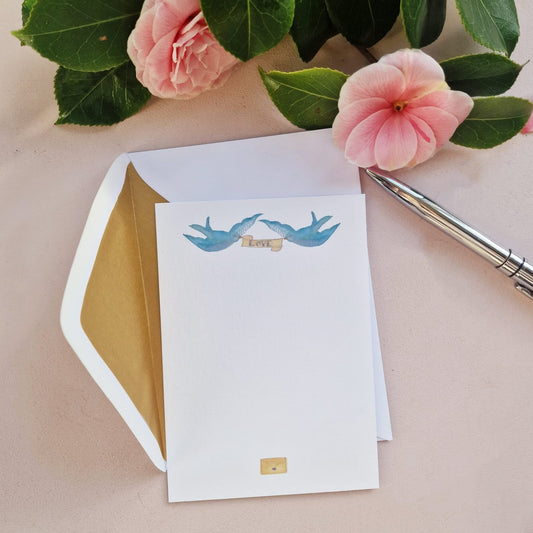 Watercolour Blue Swallows with love Scroll Notecards and Envelopes, Set of Eight