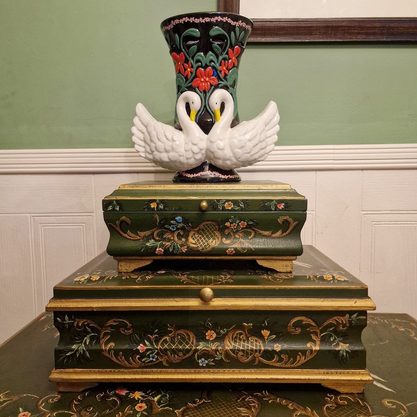 Ceramic Folk Art Floral Swans Vase