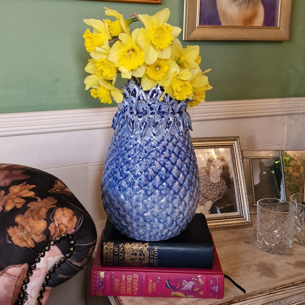 Textured Stoneware Blue Pineapple Vase