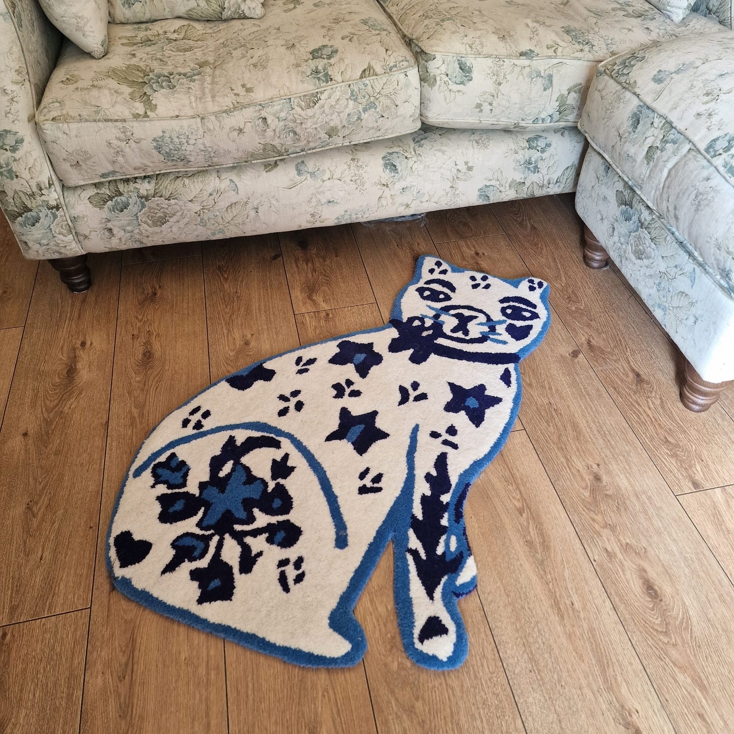 Large Blue and White Cat Wool Rug, Hand Tufted