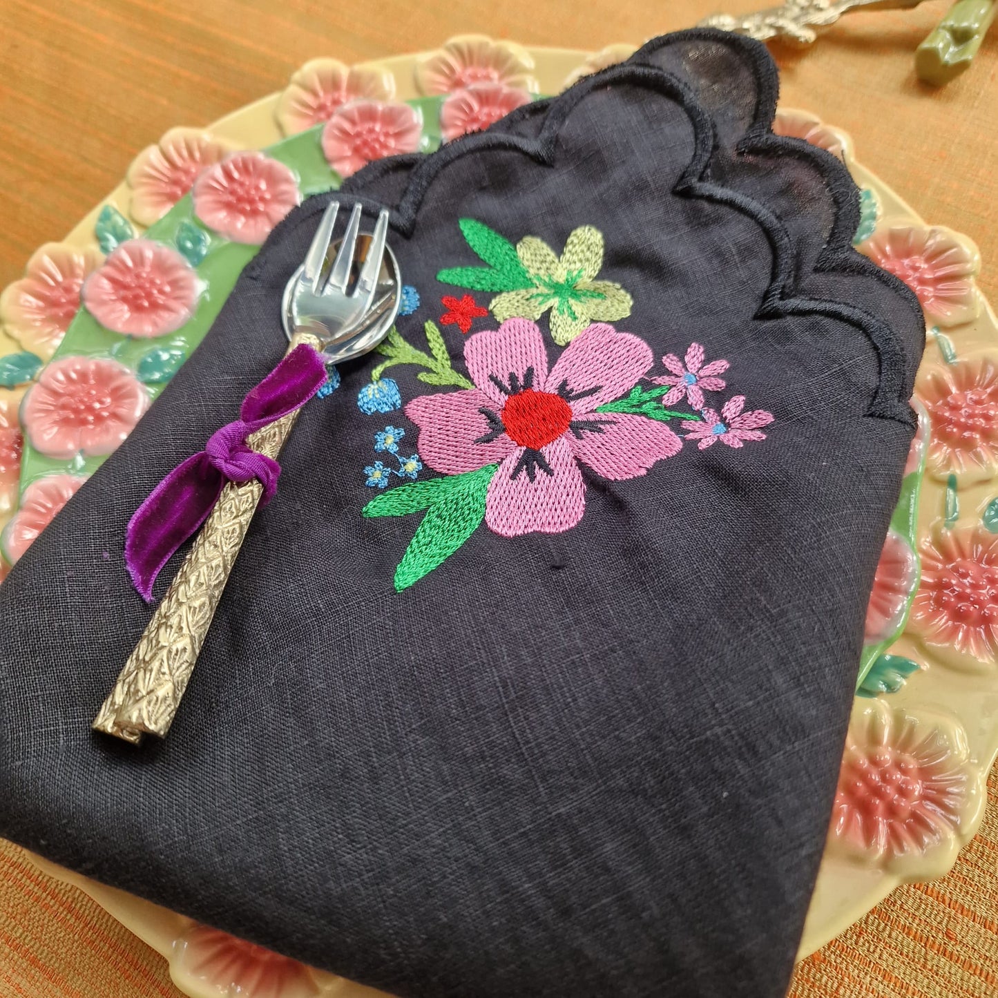 French Linen Black Embroidered Scallop Edged Napkins, Set of Four