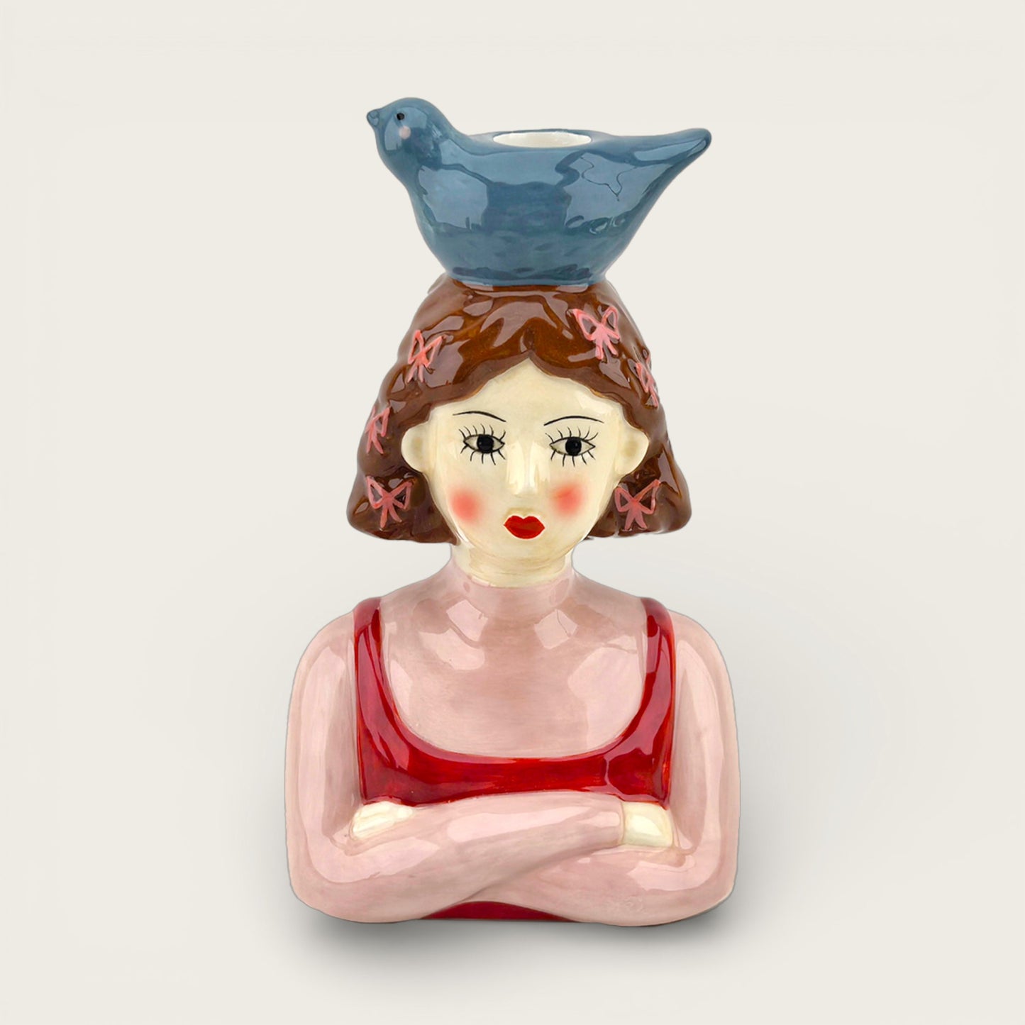 Ceramic Woman with Bird Candle Holder