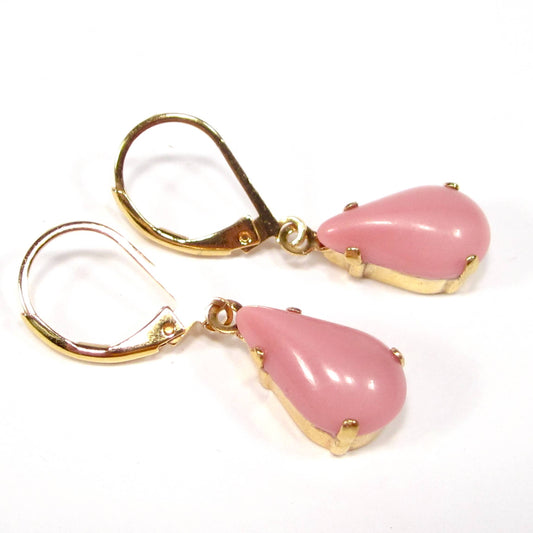Vintage Pink Glass, Gold Plated Drop Earrings, 1960s Style