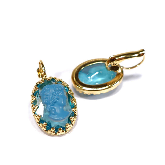 Vintage Blue Turquoise Cameo Earrings, Gold Plated, 1960s Style