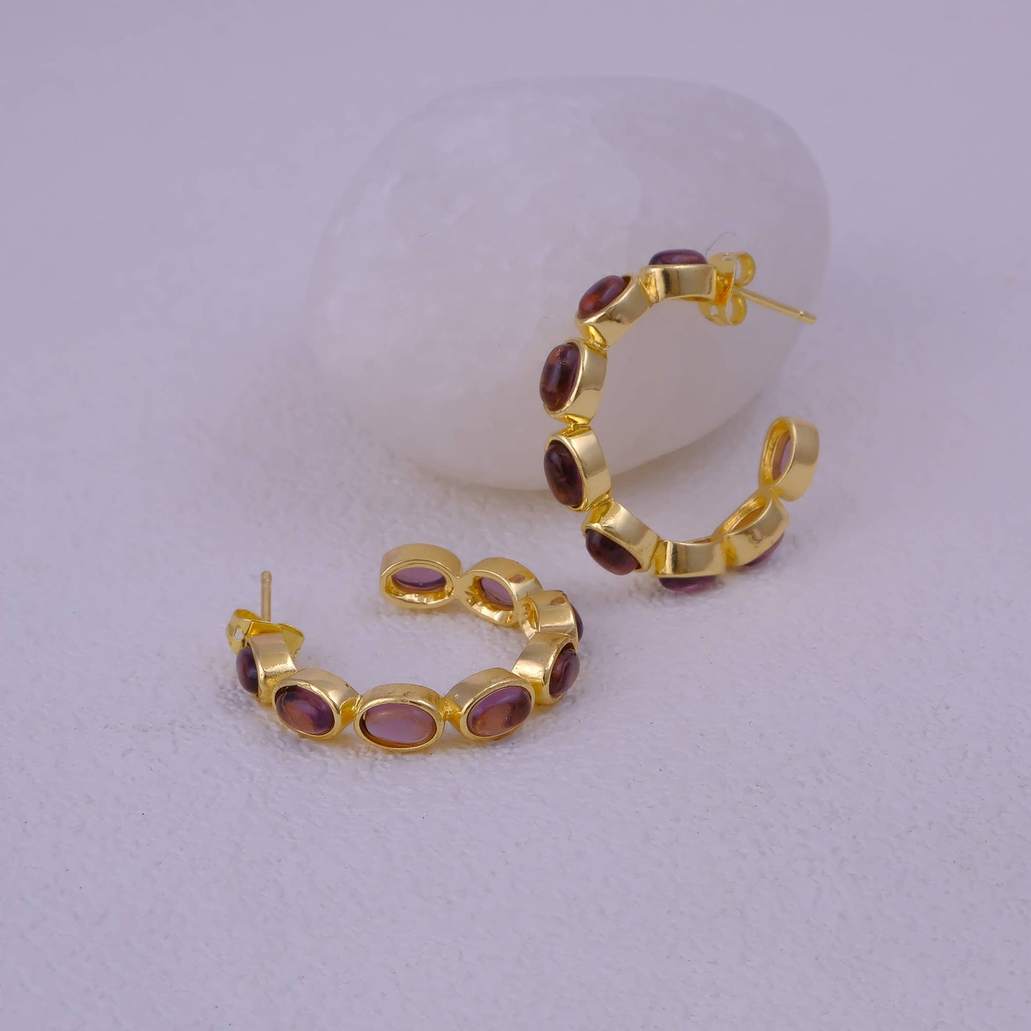 Amethyst Quartz Oval Stud Handmade Hoop Earrings